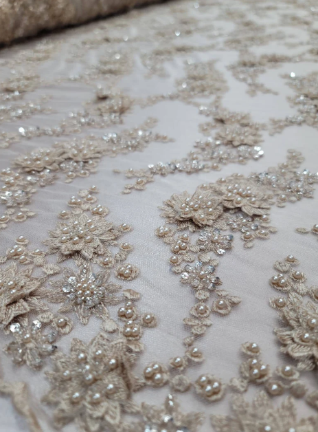 Champagne Hand Beaded Lace Floral Flowers Embroidered on Mesh Pearls Prom Fabric Sold by the Yard Gown Quinceañera Bridal