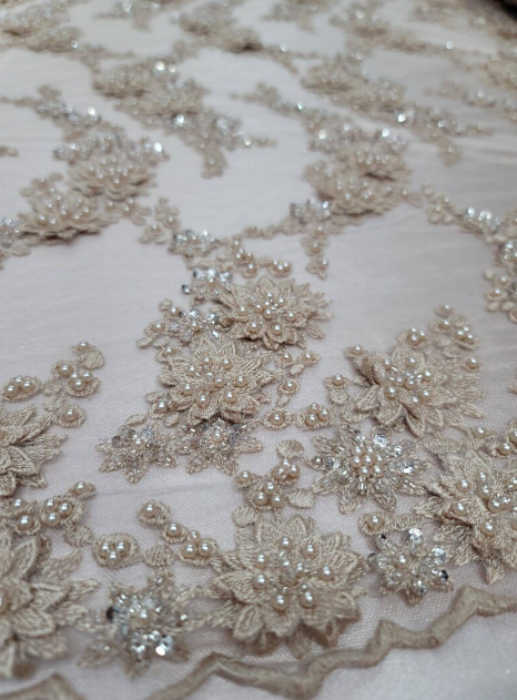 Champagne Hand Beaded Lace Floral Flowers Embroidered on Mesh Pearls Prom Fabric Sold by the Yard Gown Quinceañera Bridal