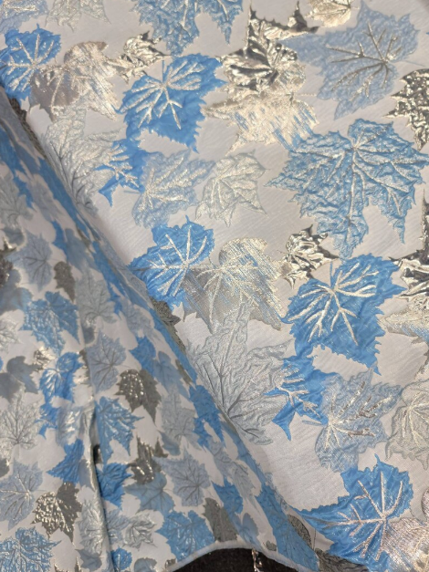 Brocade Sky Blue Silver Mapple Leaf Soft Flowy Prom Fabric Sold by the Yard Gown Quinceañera Bridal Cocktail Jacquard Luxurious Fabric