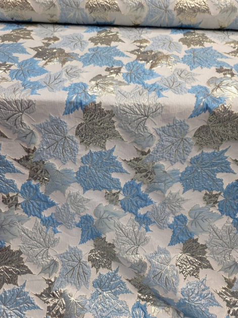 Brocade Sky Blue Silver Mapple Leaf Soft Flowy Prom Fabric Sold by the Yard Gown Quinceañera Bridal Cocktail Jacquard Luxurious Fabric