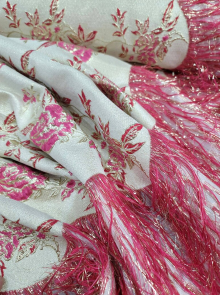Fuchsia Brocade Floral Flowers Jacquard French Fringes Luxurious Jacquar Fabric by the Yard Gown Prom Quinceañera Bridal