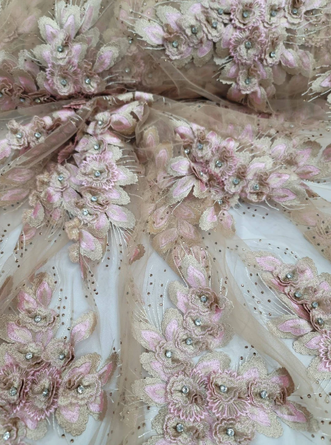 Rose Gold Lace 3d Floral Flowers Embroidered on Mesh Champagne Nude Quinceañera Fabric Sold By The Yard Prom Bridal Sweet 16 Lace