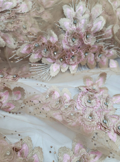 Rose Gold Lace 3d Floral Flowers Embroidered on Mesh Champagne Nude Quinceañera Fabric Sold By The Yard Prom Bridal Sweet 16 Lace