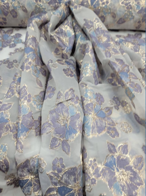 Lavender Blue Brocade Floral Flowers On White Organza Fabric By The Yard