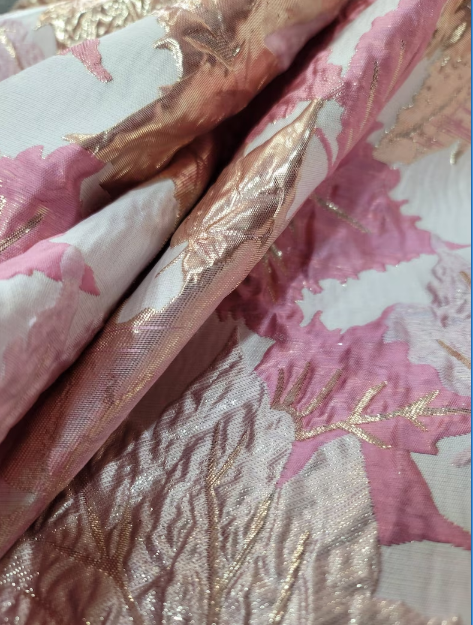 Pink Metallic Pink Brocade Dusty Rose Gold Maple Leaves Jacquard Fabric Sold by the Yard Prom Gown Draping Apparel