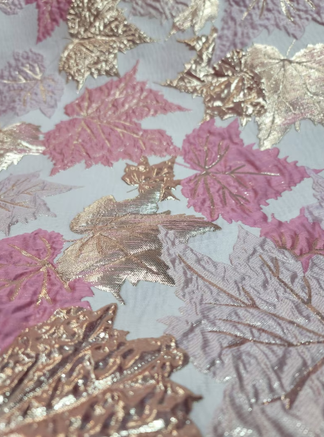 Pink Metallic Pink Brocade Dusty Rose Gold Maple Leaves Jacquard Fabric Sold by the Yard Prom Gown Draping Apparel