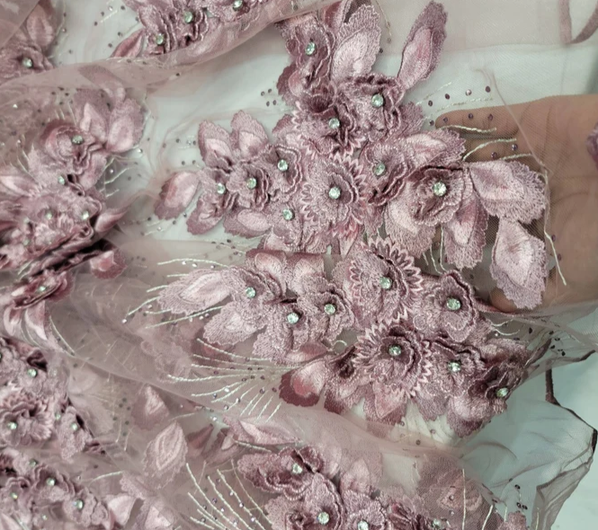 Dusty Rose 3d Floral Beaded Lace Rhinestones On Mesh Fabric Sold By The Yard Quinceanera Prom Sweet Sixteen