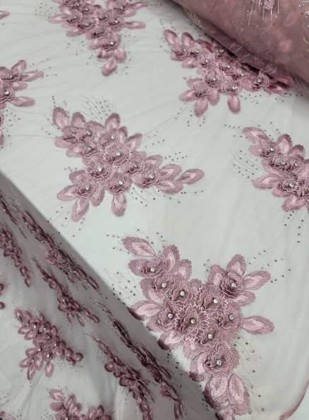 Dusty Rose 3d Floral Beaded Lace Rhinestones On Mesh Fabric Sold By The Yard Quinceanera Prom Sweet Sixteen