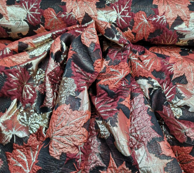 Brocade Gold and Burgundy Brocade Maple Leaves Fabric by the Yard Gown Quinceañera Bridal