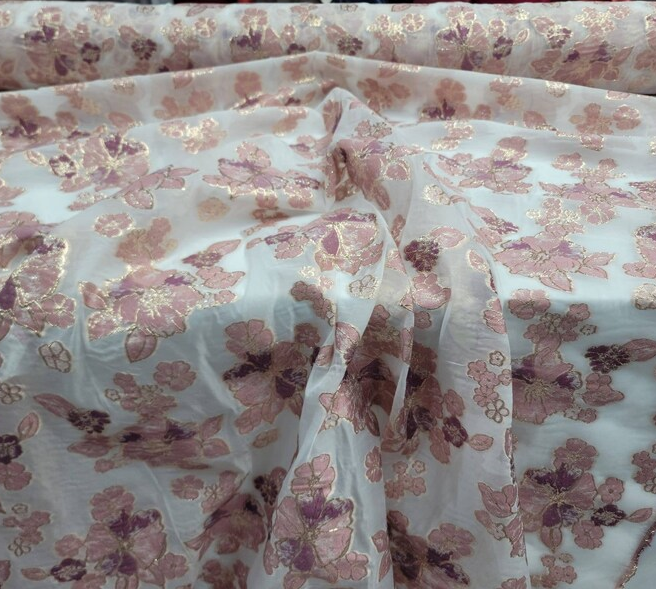 Mauve Dusty Rose Brocade Floral Flowers On White Organza Prom Fabric Sold by the Yard Gown Bridal Fabric