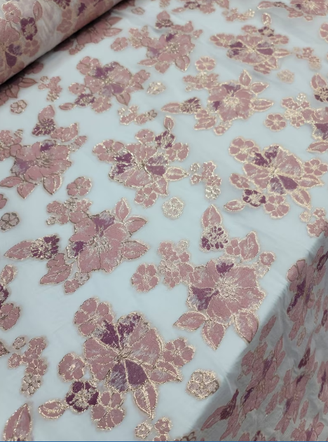 Mauve Dusty Rose Brocade Floral Flowers On White Organza Prom Fabric Sold by the Yard Gown Bridal Fabric