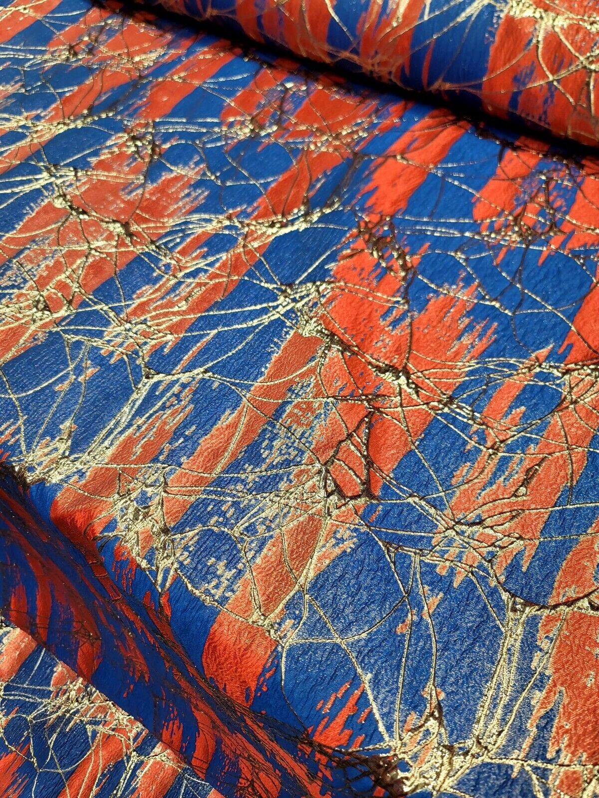 BROCADE RED ROYAL BLUE FABRIC BY THE YARD HOME DECOR DRESS GOLD METALLIC