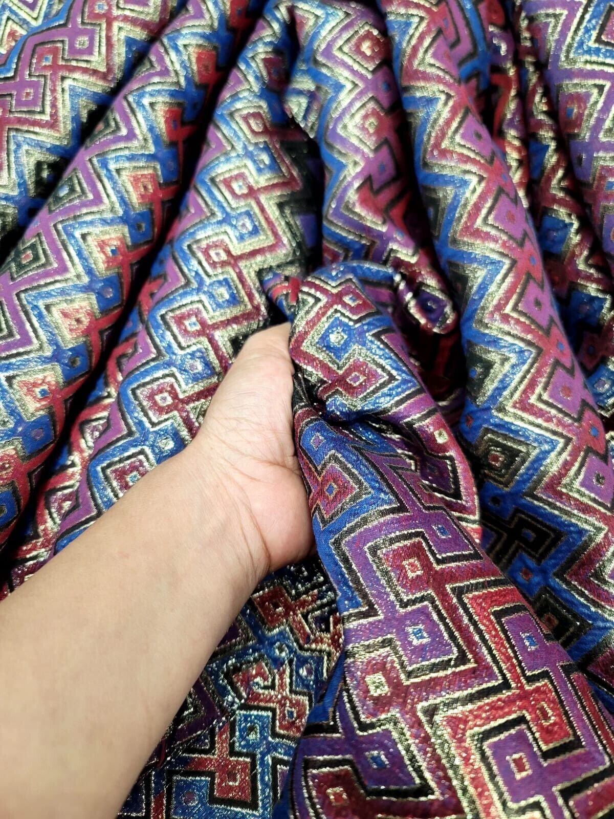 Opulent Red and Gold Geometric Brocade Fabric - Sold by Yard - Perfect for Dressmaking, Upholstery, and High-End Creations