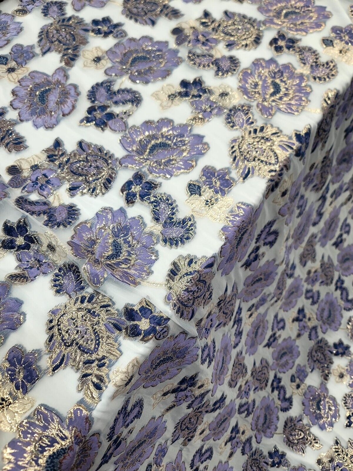 Lavender Purple Floral Brocade On white Organza Fabric by Yard For Dress Prom
