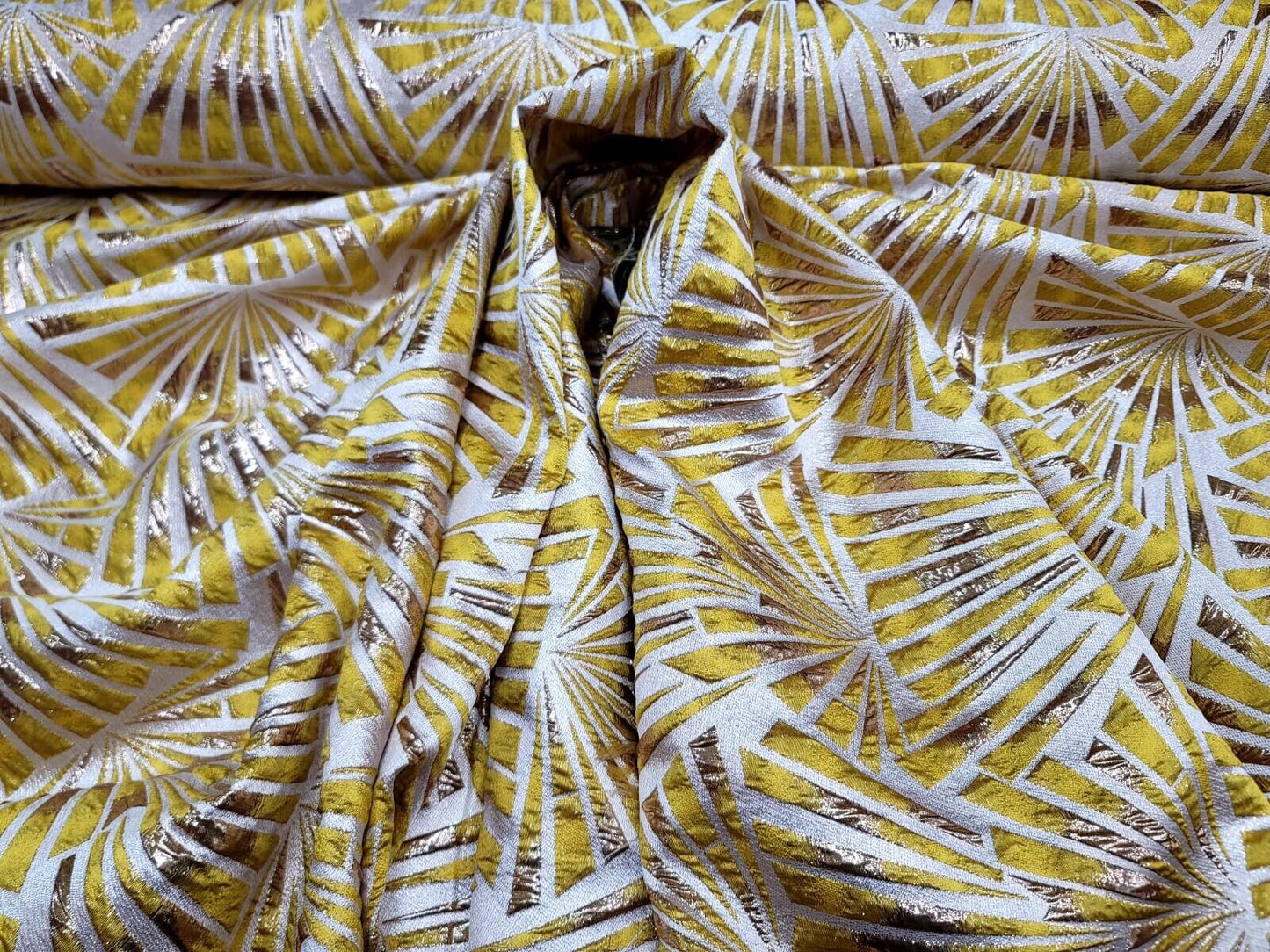 Gold Yellow Metallic Geometric Brocade Fabric - Sold by Yard - Perfect for Gowns, Quinceañera Dresses, and Bridal Attire