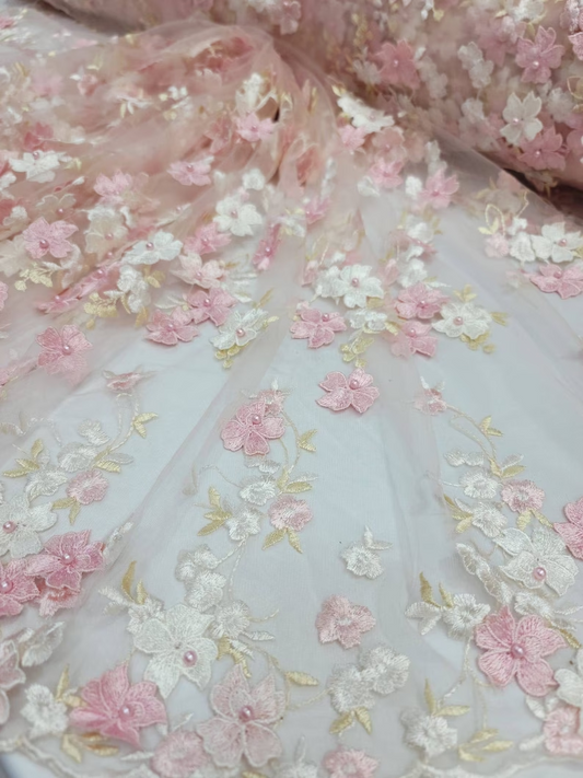 White Pink and Blush 3D Floral Flowers Lace on Mesh - Sold by Yard - Perfect for Quinceañera Dresses, Bridal Gowns, Prom Dresses, and Elegantly Designed Creations