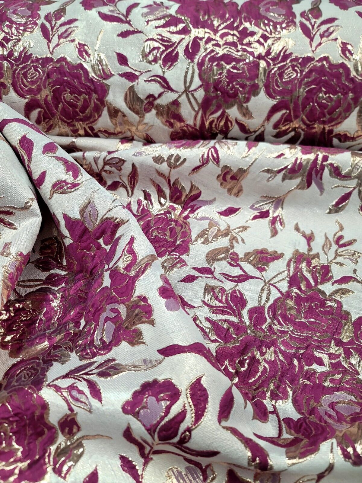 FUCHSIA PINK GOLD Floral Brocade Fabric Sold By The Yard Dress Beige Background