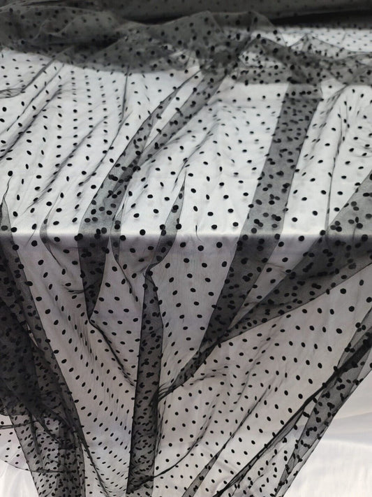 Black Tulle Mesh Fabric Sold By The Yard Black Velvet Polka-dot For Dress