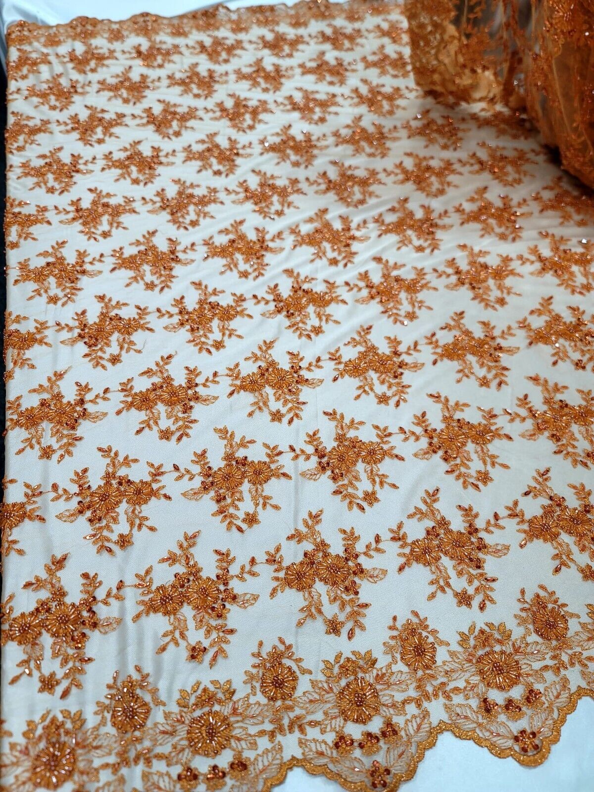 Orange Embroidery Lace Floral Flowers Beaded Fabric By The Yard Scalloped Bridal