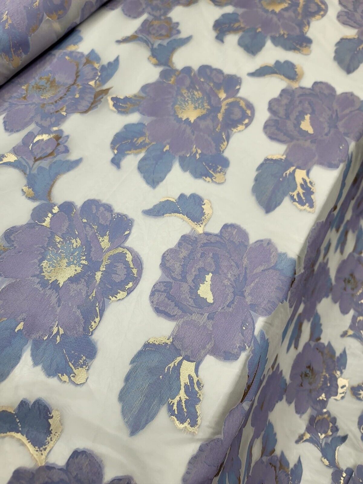 Lavender Blue Floral Brocade Fabric on White Organza - Sold by Yard - Perfect for Dresses, Gowns, and Elegant Creations