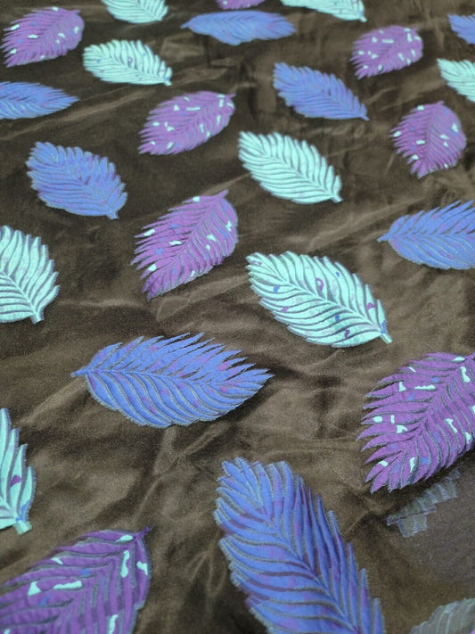 Leaves Purple Aqua Blue On Black Organza Brocade Fabric - Sold by the Yard - 57"