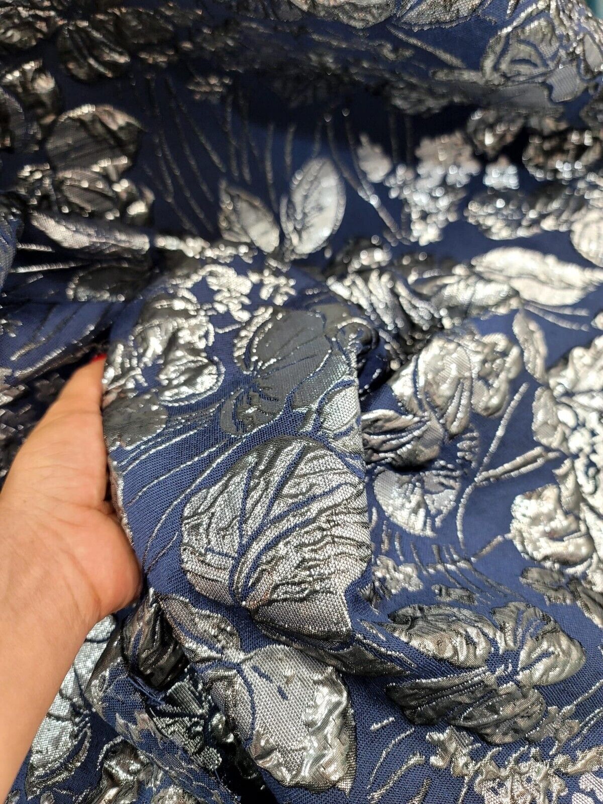 Navy Blue Brocade Silver Floral Prom Fabric - Sold By The Yard - Gown Quinceañera (60” Width)