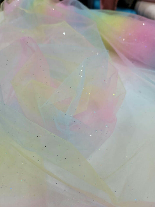 Rainbow Tulle 2-Way Stretch Fabric by the Yard - Ideal for Clothing, Tutus, and Sparkling Crafts - Glued Glitter Finish