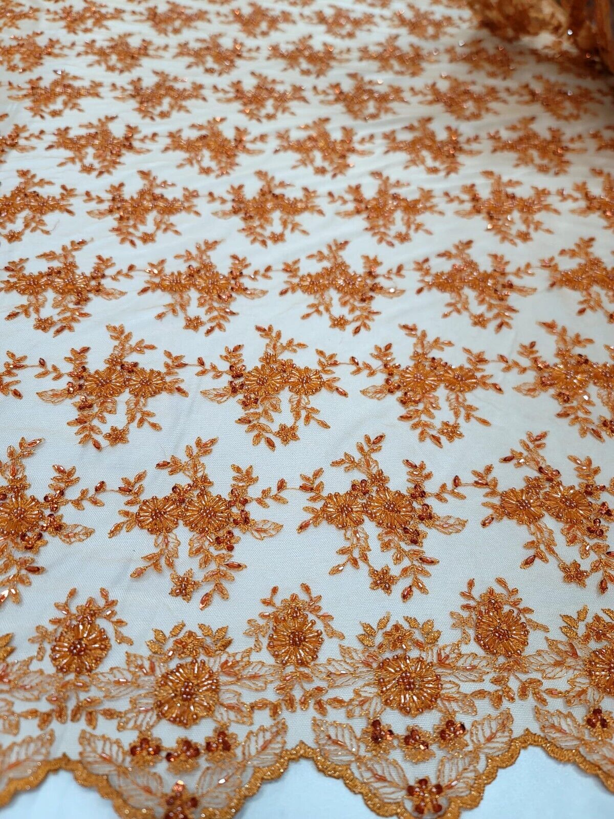 Orange Embroidery Lace Floral Flowers Beaded Fabric By The Yard Scalloped Bridal
