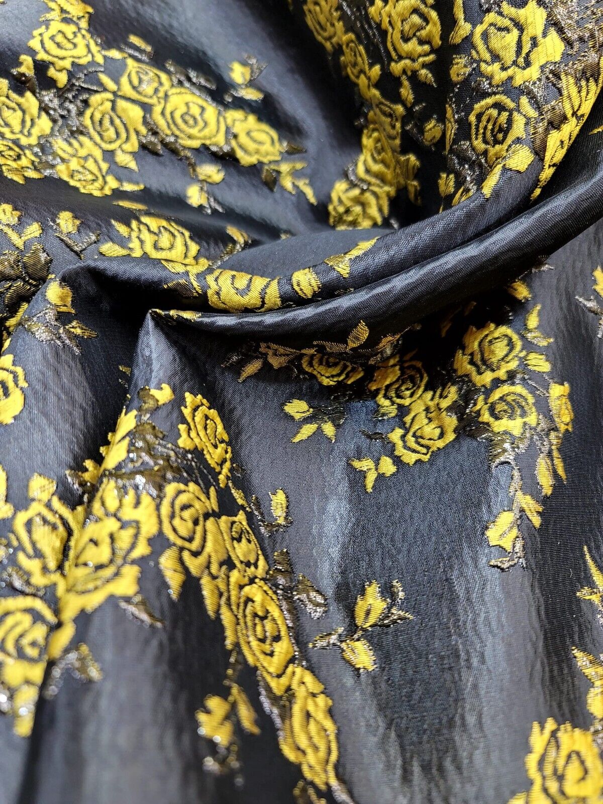 YELLOW Floral Black Brocade Fabric - By the Yard