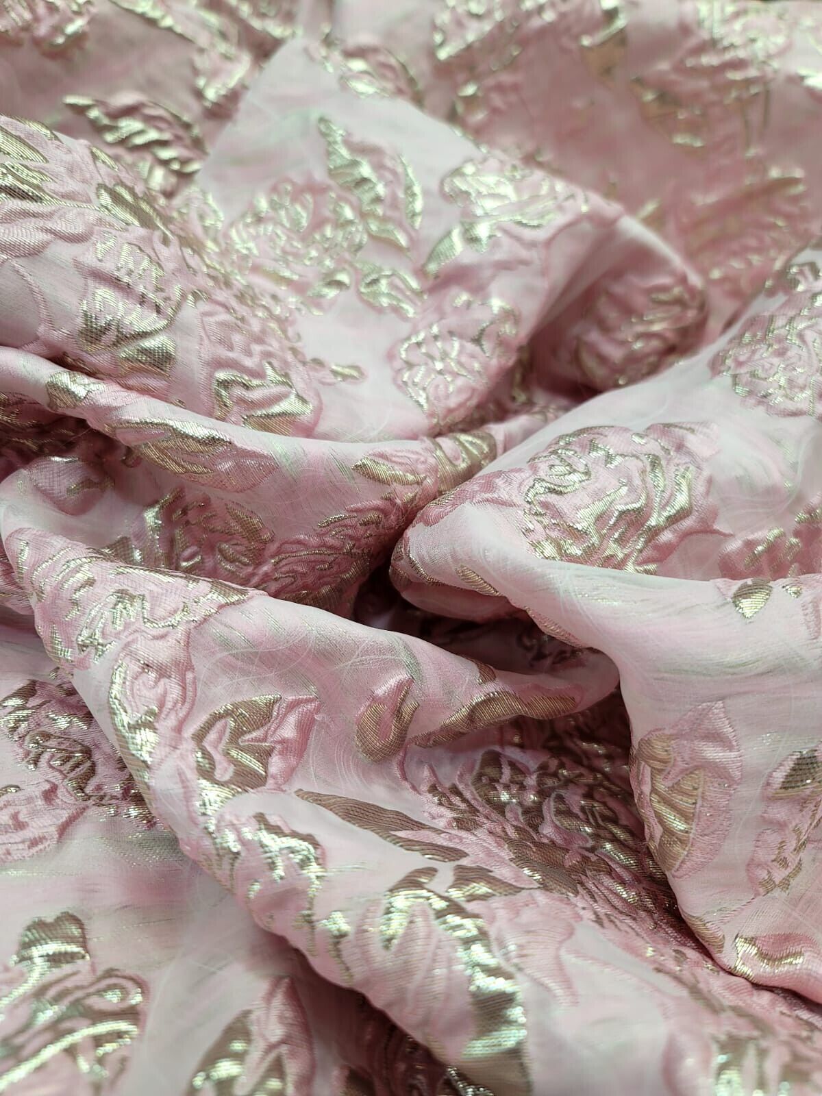 Rose Pink Gold Metallic Brocade Fabric 60” Width Sold By The Yard Clear Organza