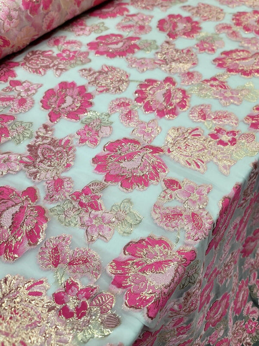 Pink Fuchsia Floral Brocade on Clear Organza Fabric - Sold By the Yard - Metallic - 60 Inches Wide"