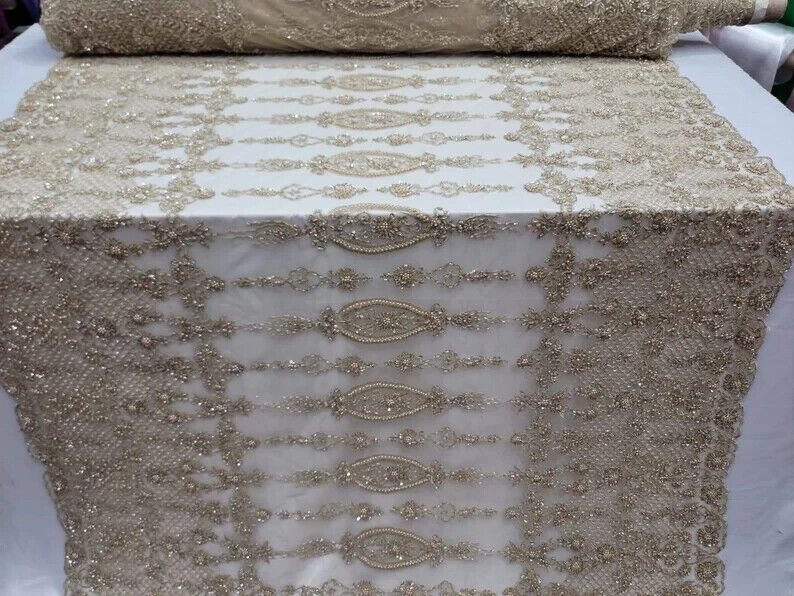Champagne Beaded Lace Embroidery Floral Fabric - Sold by the Yard - Perfect for Prom Gowns and Quinceañera Attire