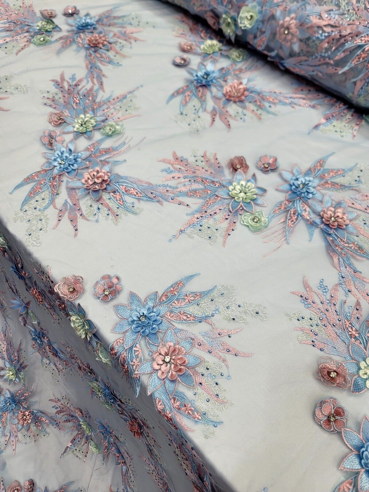 Sage Pink 3D Floral Lace Sky Blue Embroidery Rhinestones Fabric By The Yard