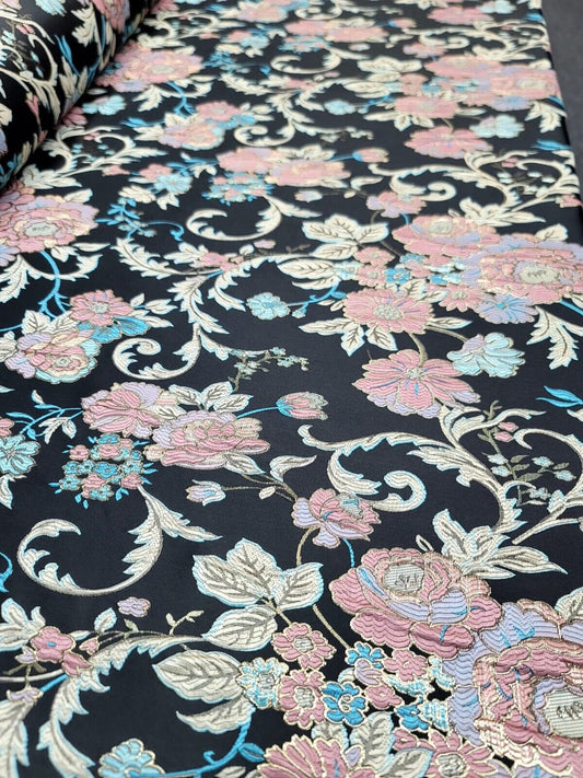 Brocade Floral Pink Lavender Multicolor Damask Fabric By The yard Black Jacquard