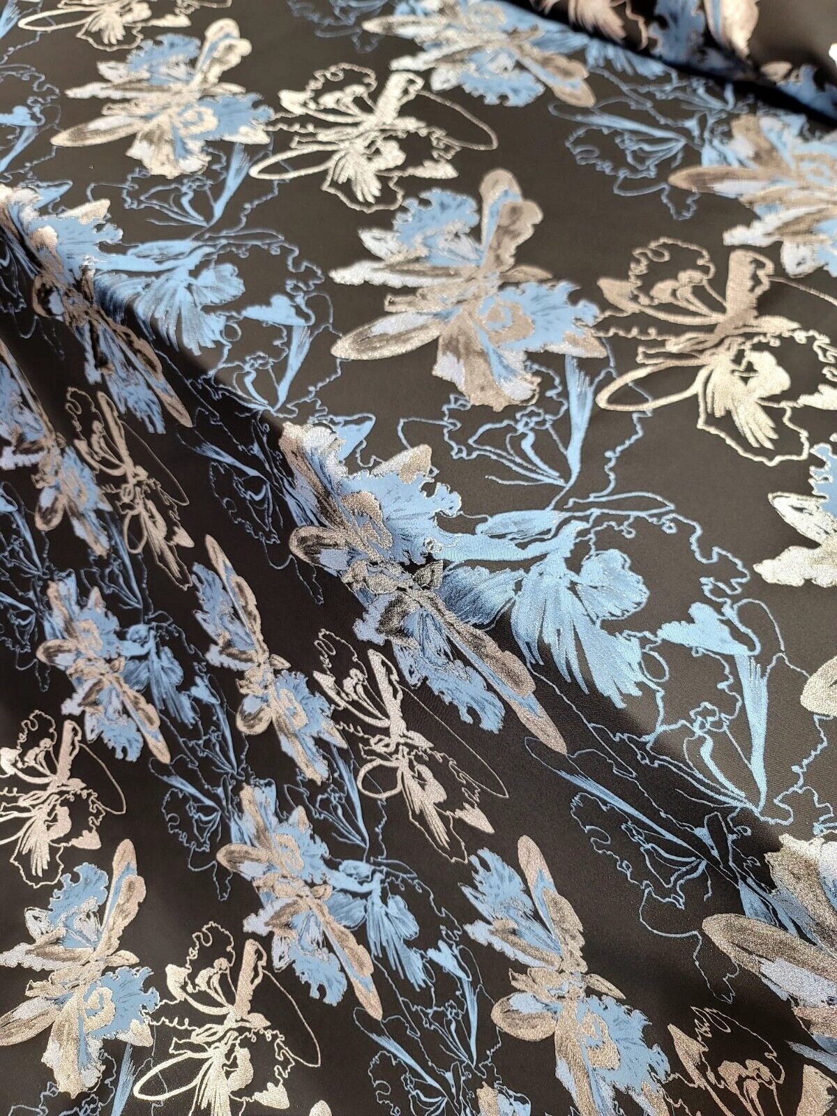 Metallic Silver, Blue Floral On Black Brocade Fabric - 60" Width