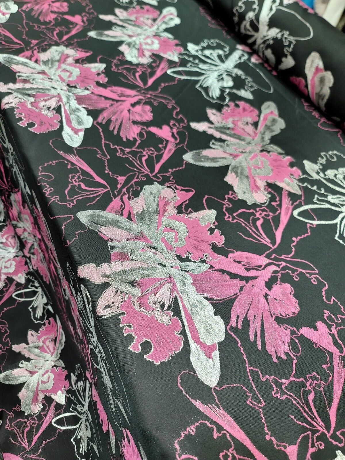 Pink Fuchsia Silver and Black Damask Jacquard Brocade Floral Fabric - 60" Width
