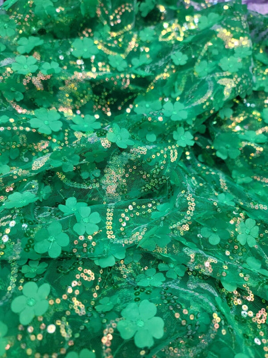 Emerald Green 3D Floral Flowers Sequins Iridescent Fabric - Sold by the Yard