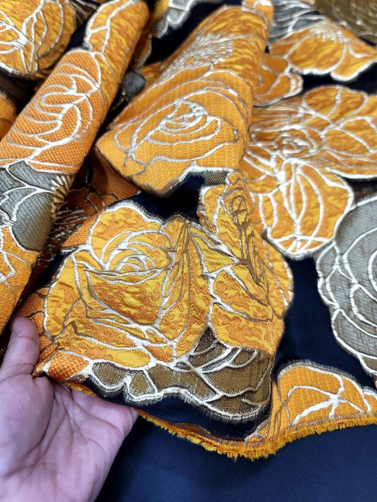 Orange Gold Floral Metallic Brocade Fabric Sold By The Yard BLACK ORGANZA