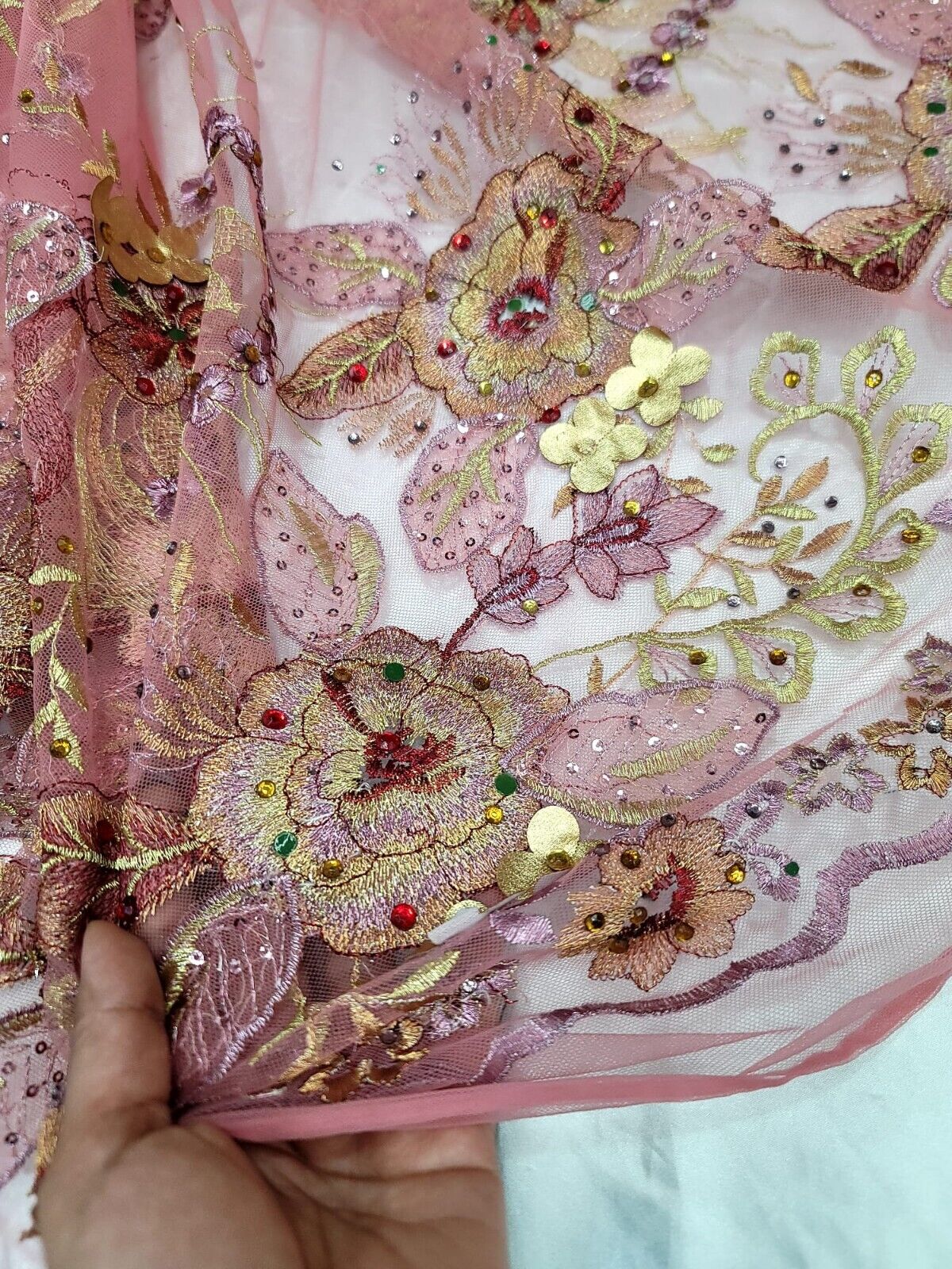 3D Gold Floral Coral Lace Fabric with Rhinestones - Sold by the Yard