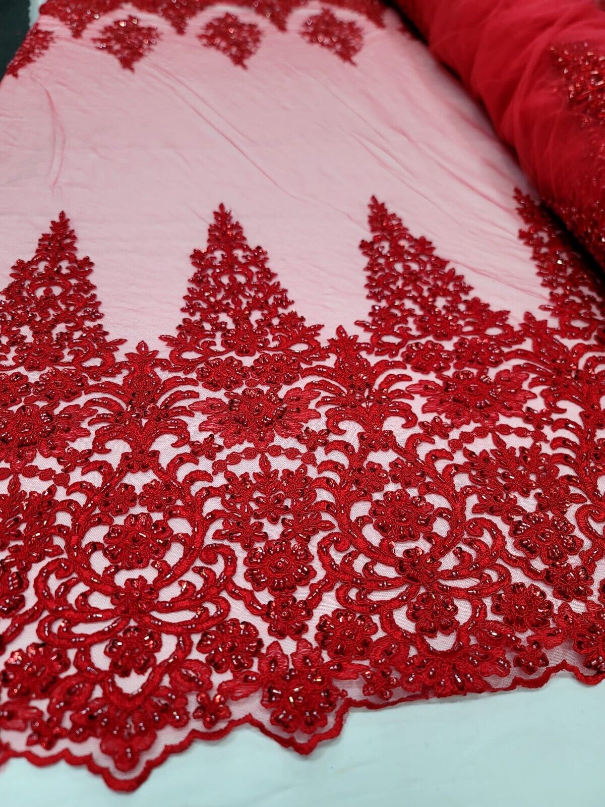 Red BEADED LACE FABRIC Sold By The Yard DOUBLE SCALLOPED EDGES SEQUINS PROM