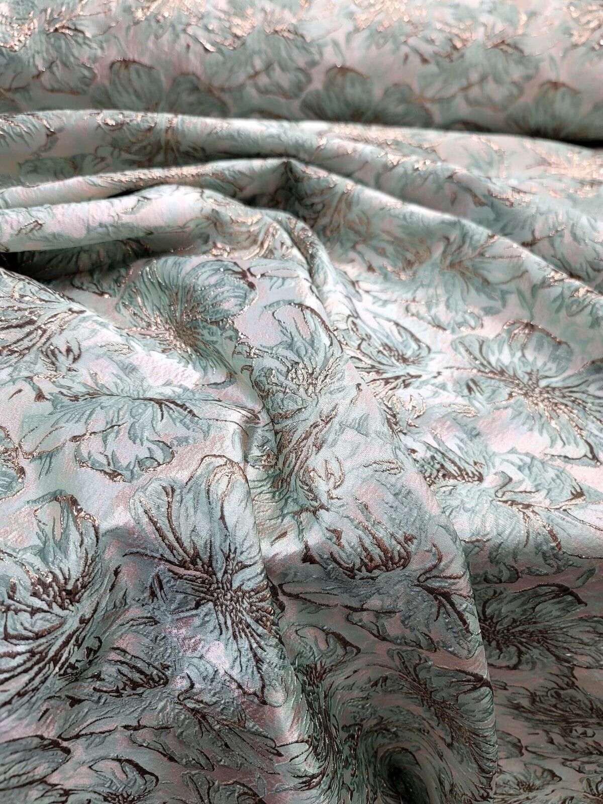 MINT GREEN ROSE GOLD Floral Brocade Fabric - Sold by the Yard