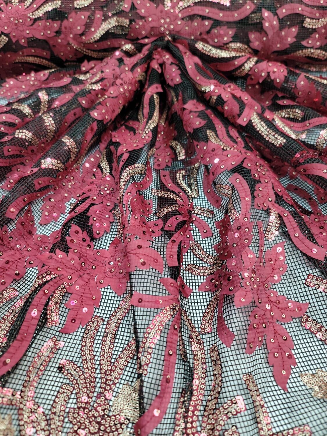 Burgundy Floral Embroidery Lace Fabric - Sold By The Yard - Black Fishnet Fabric