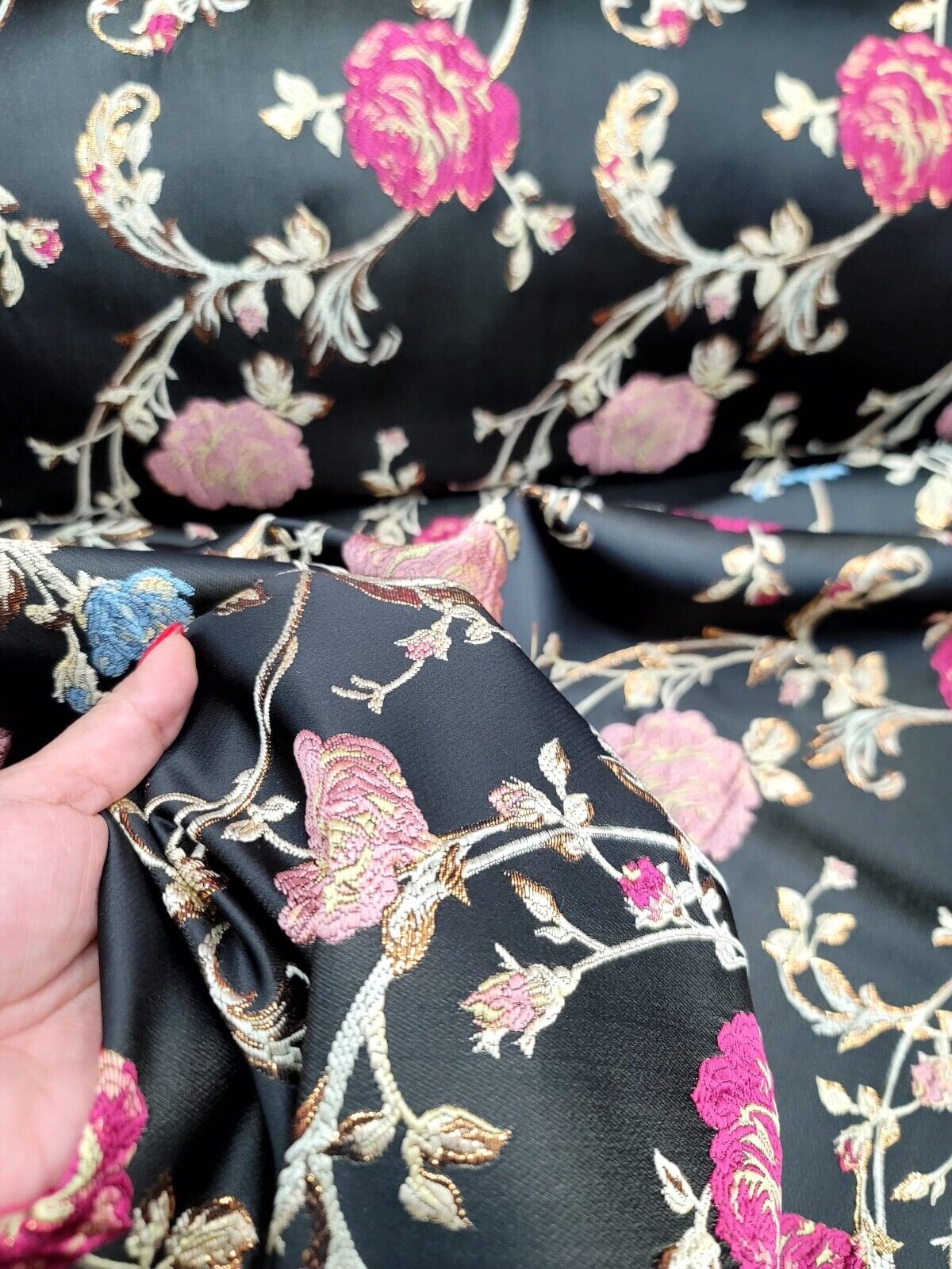 Black Brocade Fabric by the Yard - Exquisite Floral Pattern in Pink, Gold, and Blue - Perfect for Dresses and Upholstery