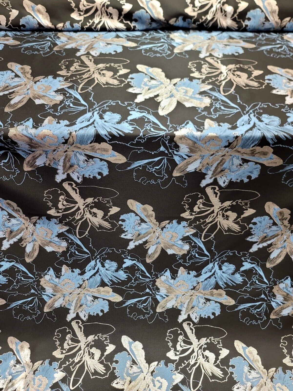 Metallic Silver, Blue Floral On Black Brocade Fabric - 60" Width