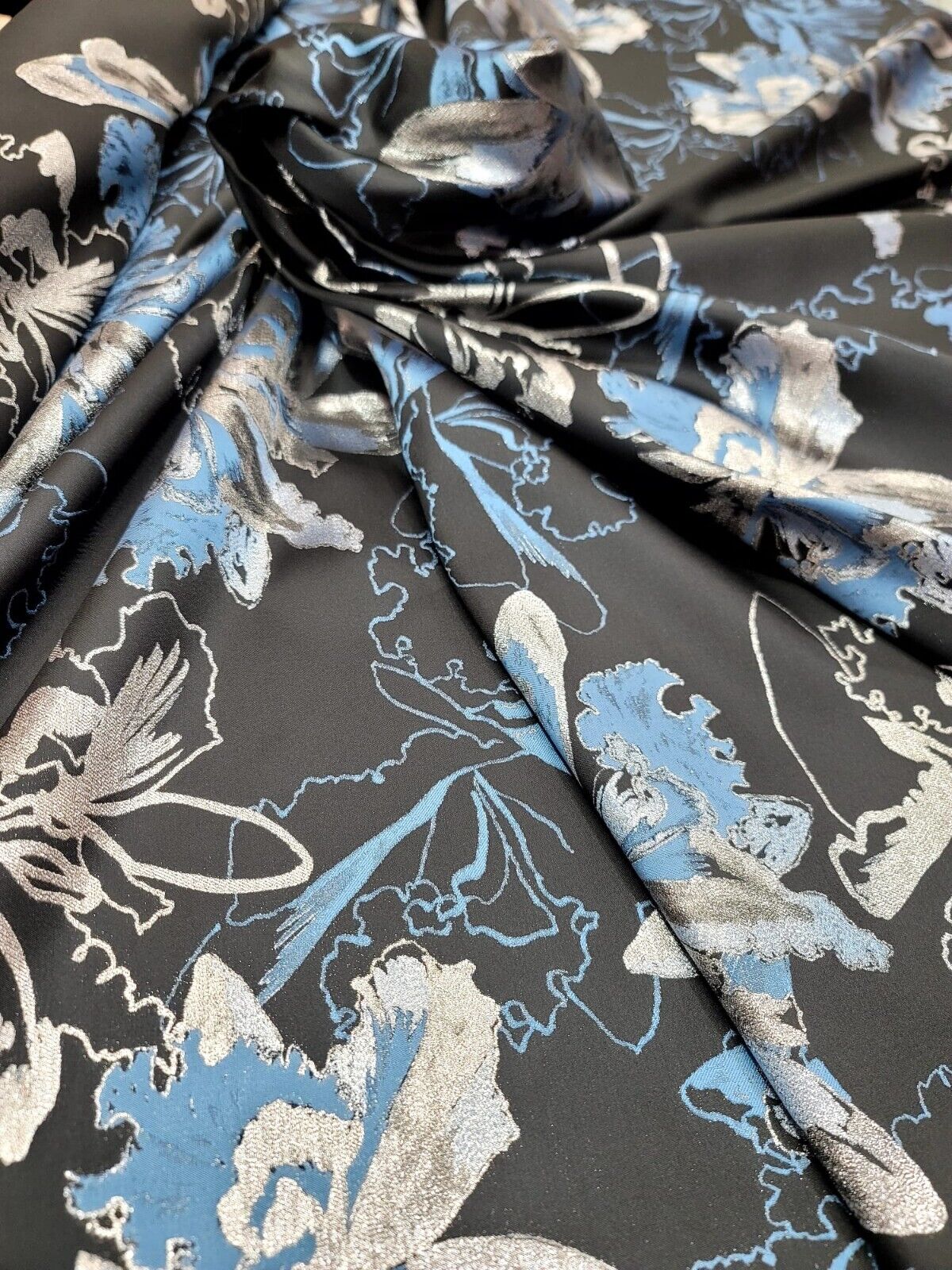 Metallic Silver, Blue Floral On Black Brocade Fabric - 60" Width