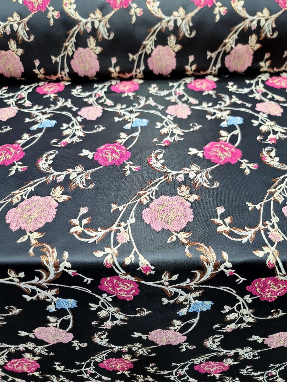 Black Brocade Fabric by the Yard - Exquisite Floral Pattern in Pink, Gold, and Blue - Perfect for Dresses and Upholstery