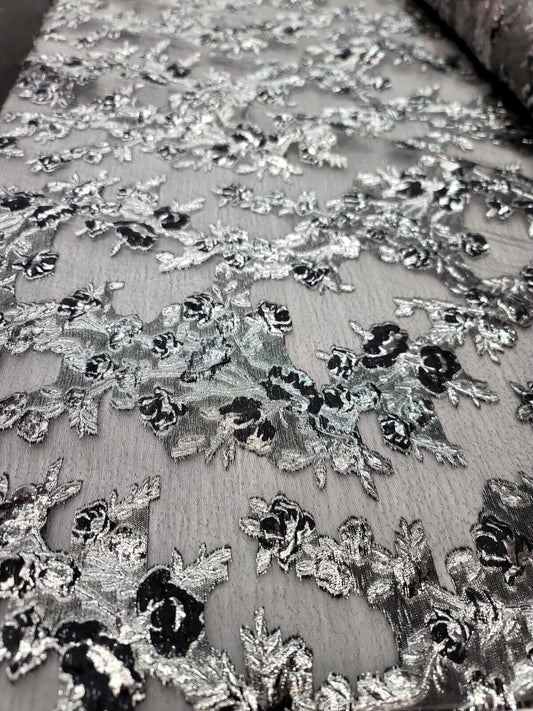 Metallic Silver Floral Brocade Fabric Gray Textured Organza Sold BTY