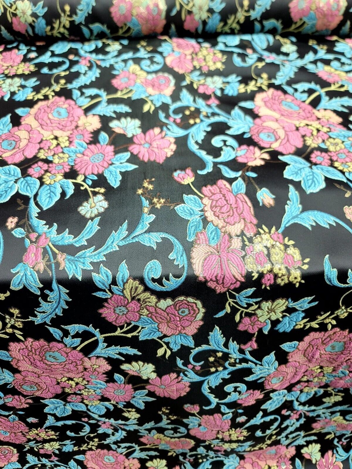 Brocade Multicolor Floral Turquoise Pink Black Jacquard Fabric By The Yard Dress