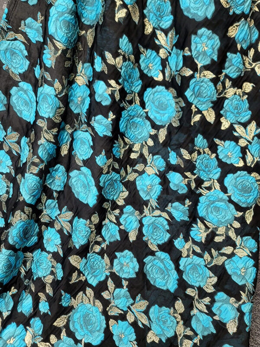 Turquoise Floral Brocade Fabric by the Yard - Textured Black Organza - Ideal for Fashion and Elegant Creations