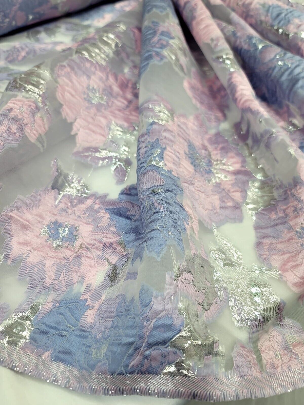 Pink Periwinkle Multicolor Floral Organza Brocade Fabric - Sold By The Yard - Clear Organza (60” Width)